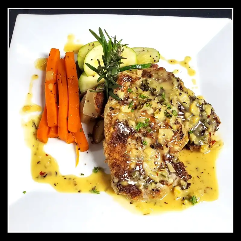 Pretzel-Crusted Chicken with French potatoes and green beans