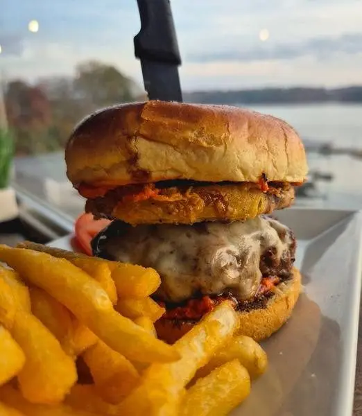 Fried Green Tomato Burger with lake view