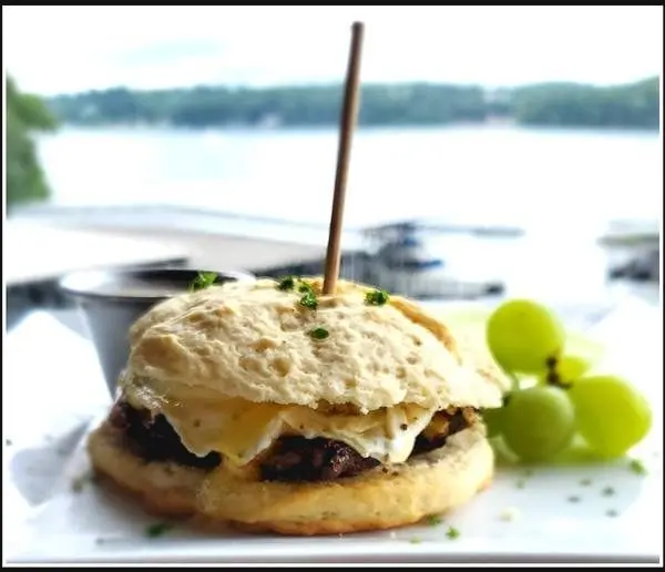 Sausage Egg Biscuit with lake view
